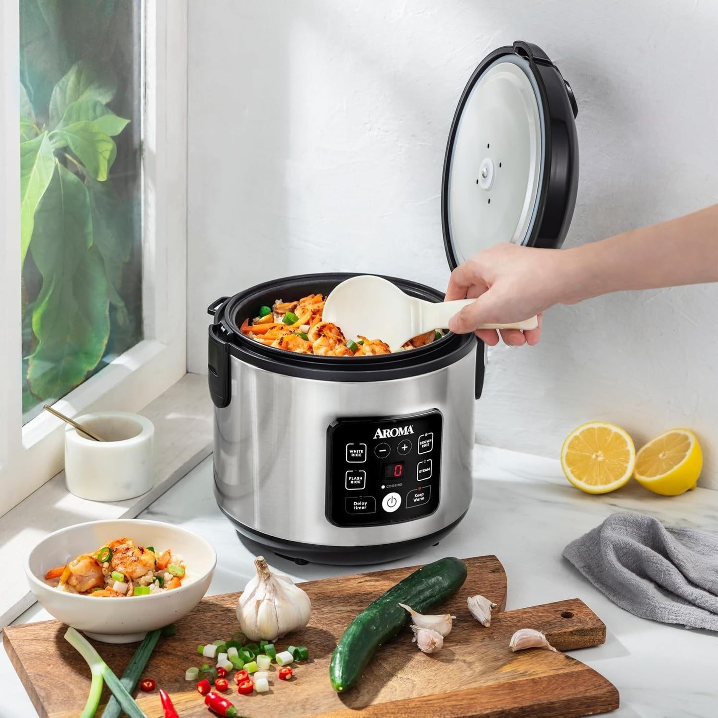 AROMA 8-Cup Digital Rice Cooker & Food Steamer with Bonded Granite Nonstick New
