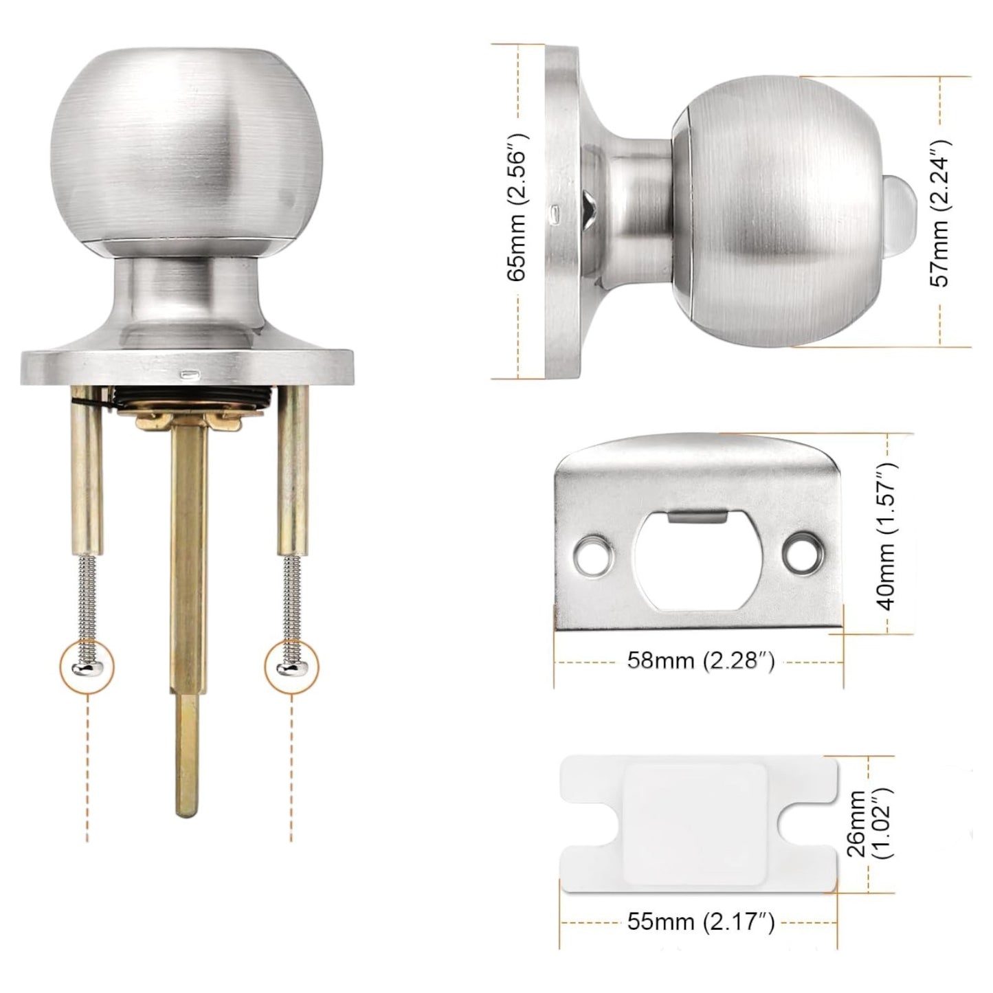 Brushed Nickel Doorknob, round Ball Privacy Knobs, Interior Keyless Door Lockset