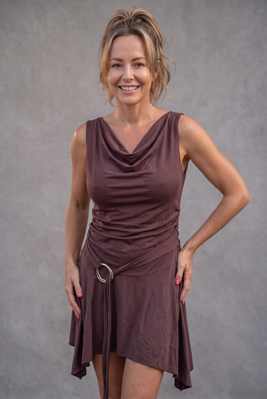 love SOHO Juniors Brown Ruffle Sleeveless Bodycon Dress, Draped Cowl Neck