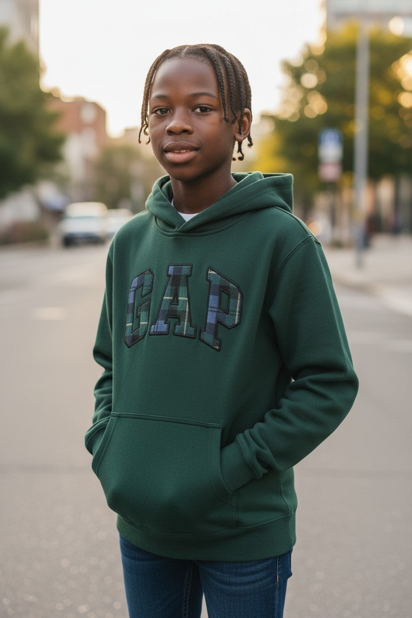 Gap Unisex Kid's Vintage Soft Relaxed Plaid Logo Green Hoodie
