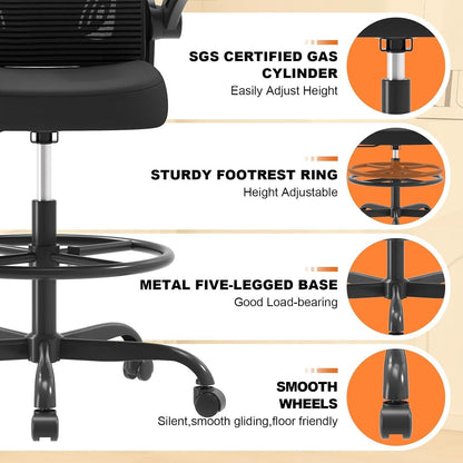 Synorla Ergonomic Drafting Chair, Tall Office Chair with Flip-Up Armrests, Breat