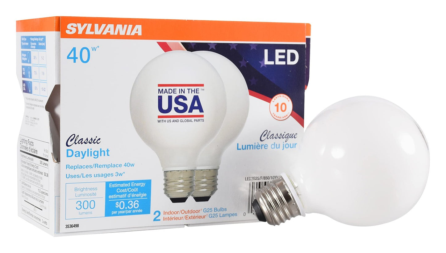 Sylvania G25 Globe Décor LED Light Bulb, 40W Equivalent Efficient 4W, Non-Dimma