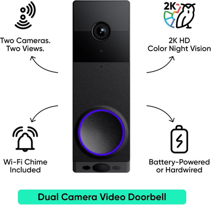 Wyze Wireless Duo Cam Doorbell, Battery,  2 Cameras, 2-Way Audio, Night Vision