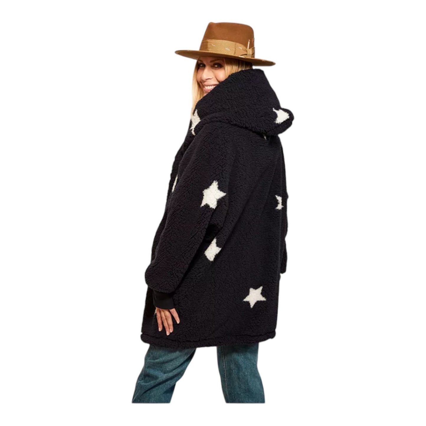 Patterned Hooded Sherpa Button Front Lounger Jacket by Jill Martin Size: XL