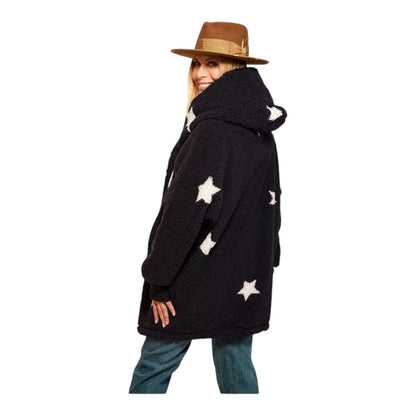 Patterned Hooded Sherpa Button Front Lounger Jacket by Jill Martin Size: XL