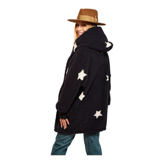 Patterned Hooded Sherpa Button Front Lounger Jacket by Jill Martin Size: XL