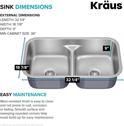 KRAUS Premier 32-inch 18 Gauge Undermount 50/50 Double Satin - KBU32
