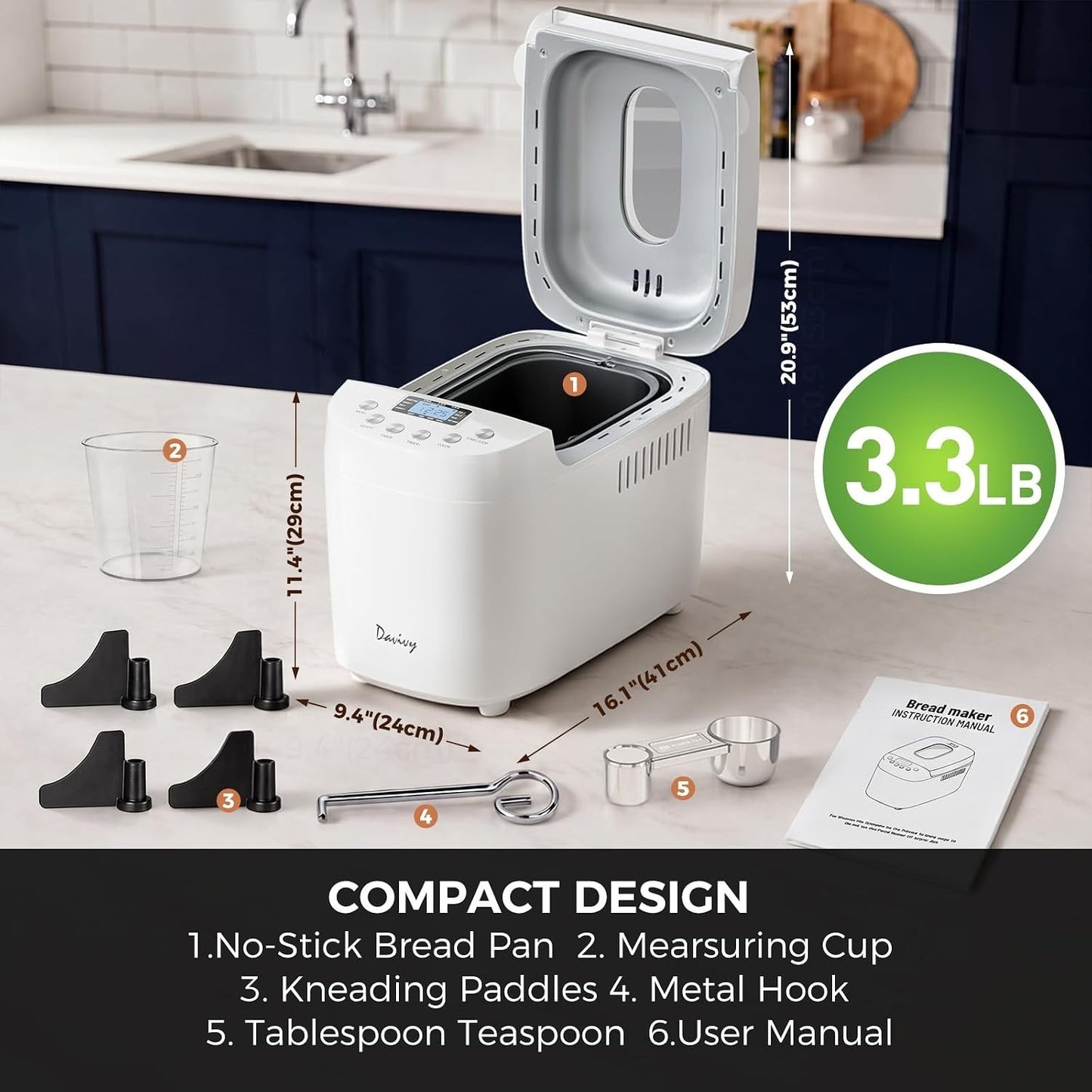 Davivy 3.3LBS 15-in-1 Bread Maker Automatic Compact Dough Machine Nonstick White