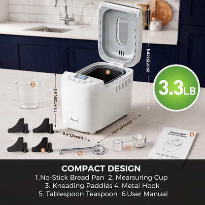 Davivy 3.3LBS 15-in-1 Bread Maker Automatic Compact Dough Machine Nonstick White