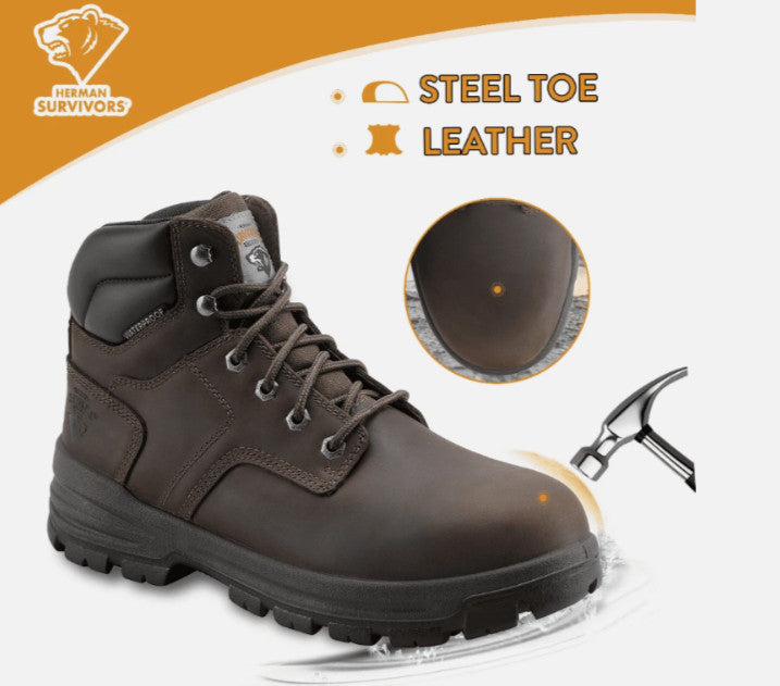 Herman Survivors Men's Boulder Waterproof Steel Toe Work Boots, Brown Leather, W