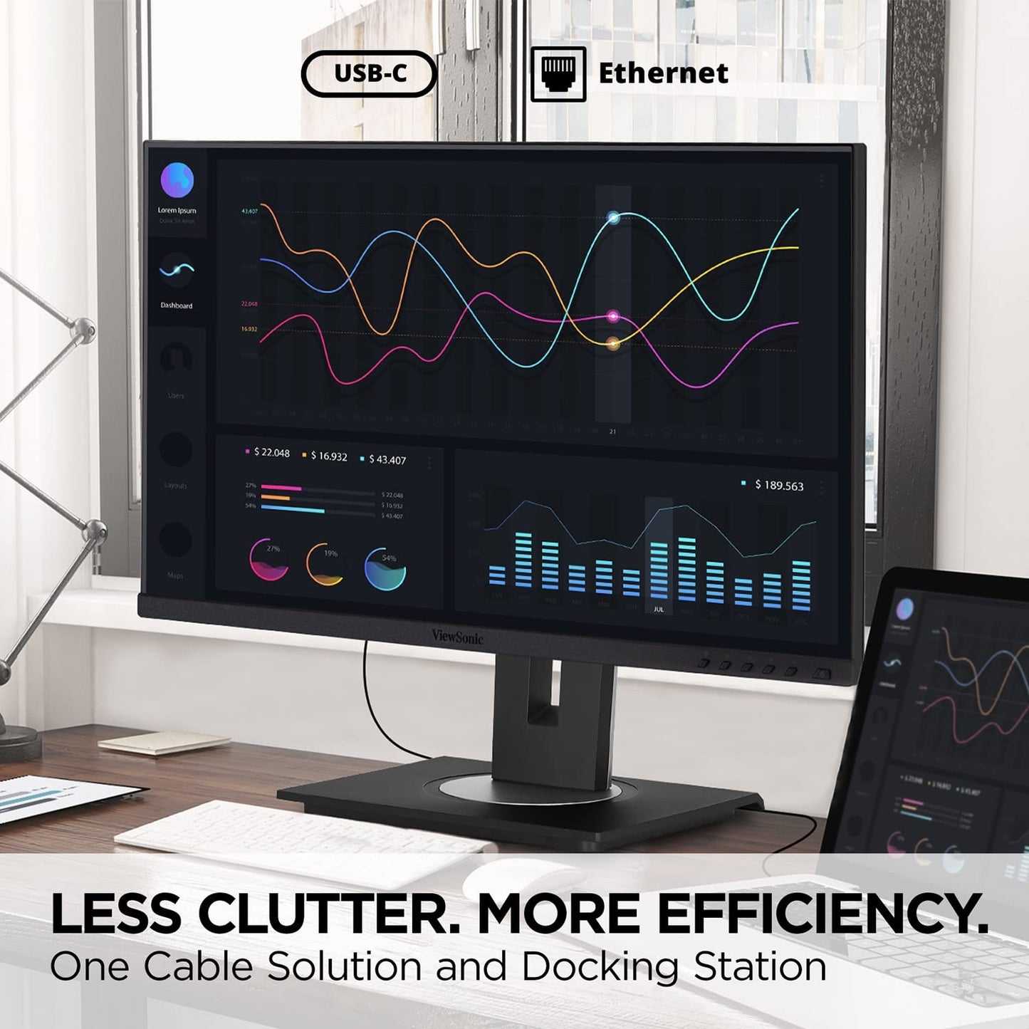 ViewSonic Docking Built-in Gigabit Ethernet and 40 Degree Tilt Ergonomics