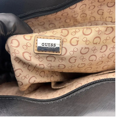 GUESS Black Logo Large Tote Bag Zip Closure Double Handles Pouch Silver Hardware