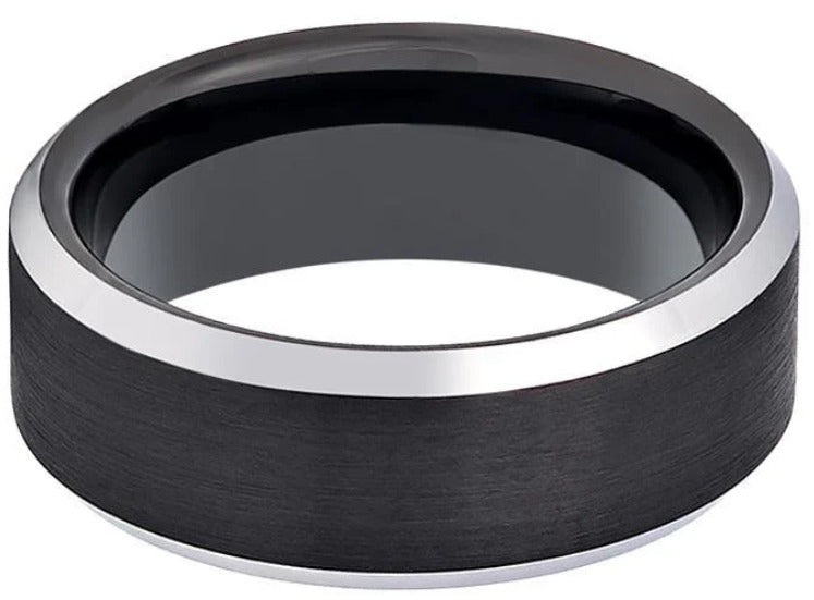 8mm BEVELED EDGE BRUSHED BLACK CENTER TUNGSTEN BAND