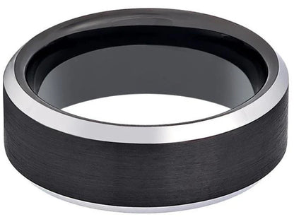 8mm BEVELED EDGE BRUSHED BLACK CENTER TUNGSTEN BAND
