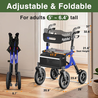 RollisRoll Walkers for Seniors, Rollator Walker with Seat, 12" Big Wheels