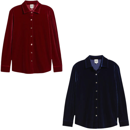 Women's Anne Klein AK Velour Long Sleeve Button Front Dress Shirt | Red, Blue