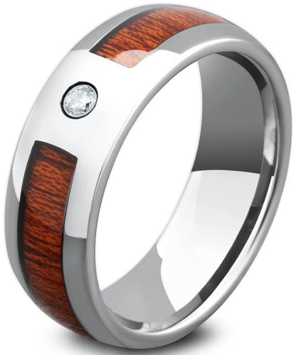 8mm Tungsten Koa Wood Inlay with CZ Band - Dome Shape, Comfort Fit