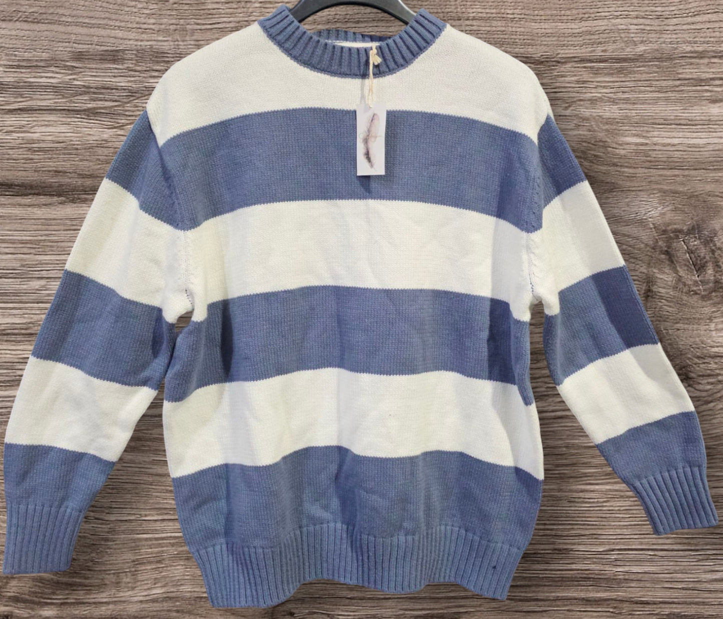 JESSICA SIMPSON BLUE & WHITE STRIPED CREWNECK SWEATER - SIZE SMALL