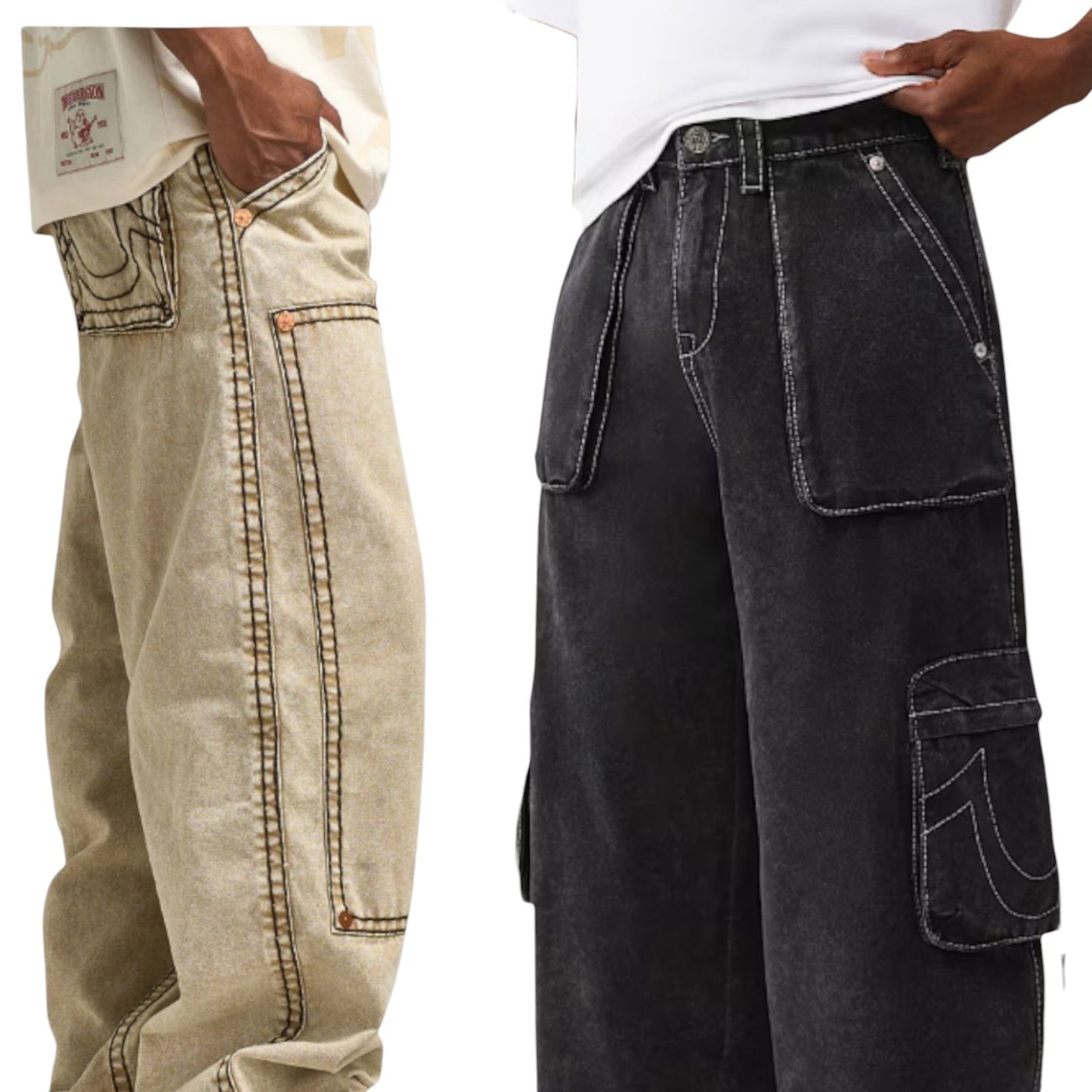 True Religion Carpenter Pants Big T & Super T Baggy Cargo Pants, Black or Canvas