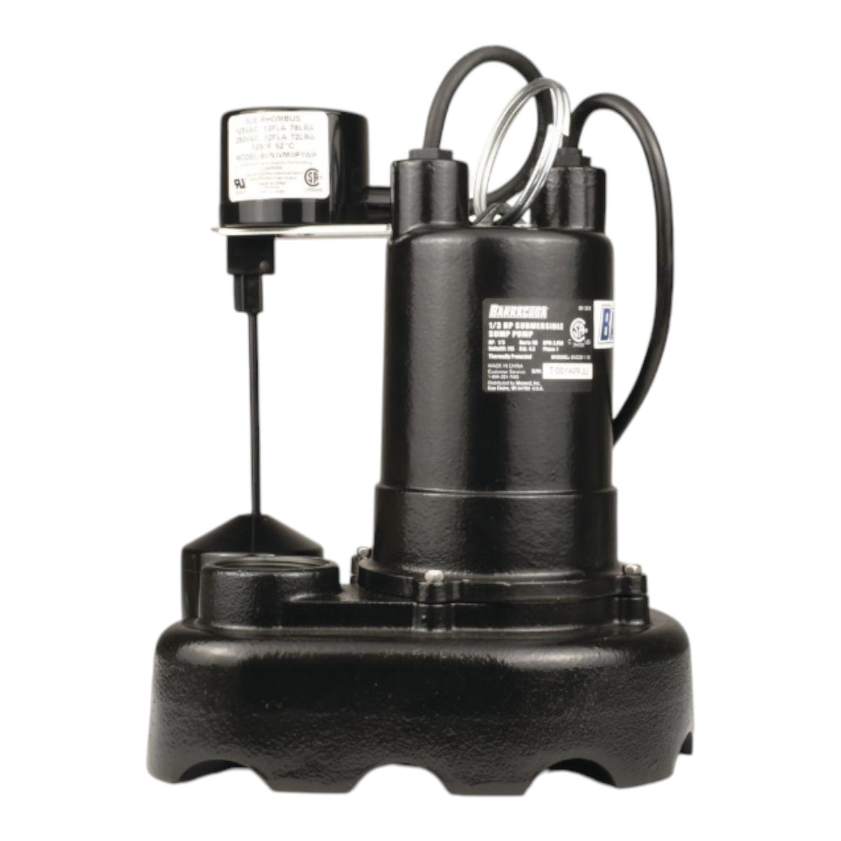Barracuda 1/3 HP Cast Iron Sump Pump w/ Vertical Switch, BAS33V-1-10, 55 GPM