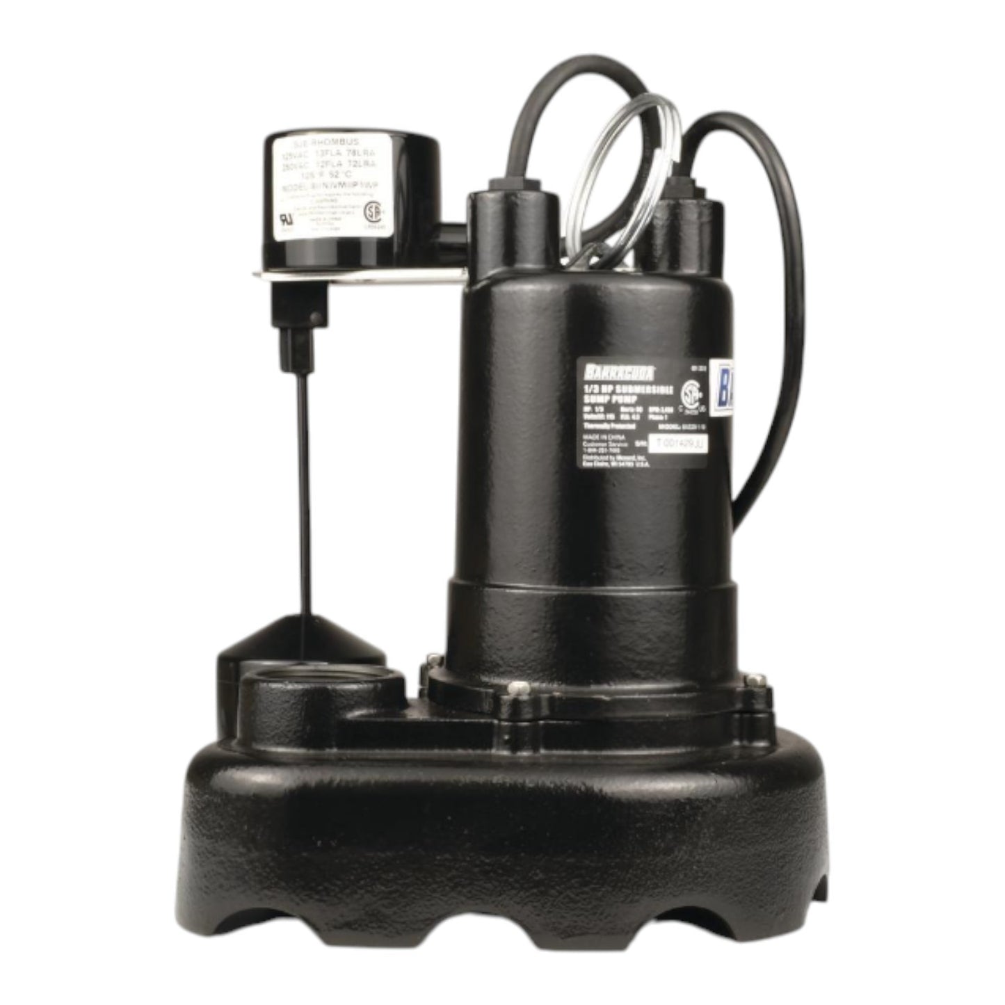 Barracuda 1/3 HP Cast Iron Sump Pump w/ Vertical Switch, BAS33V-1-10, 55 GPM