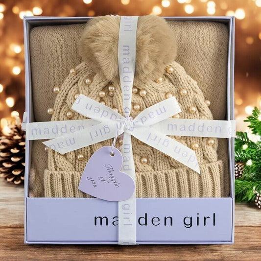 Madden Girl Juniors' Soft Scarf & Cable Knit Beanie Hat Boxed Set, Camel