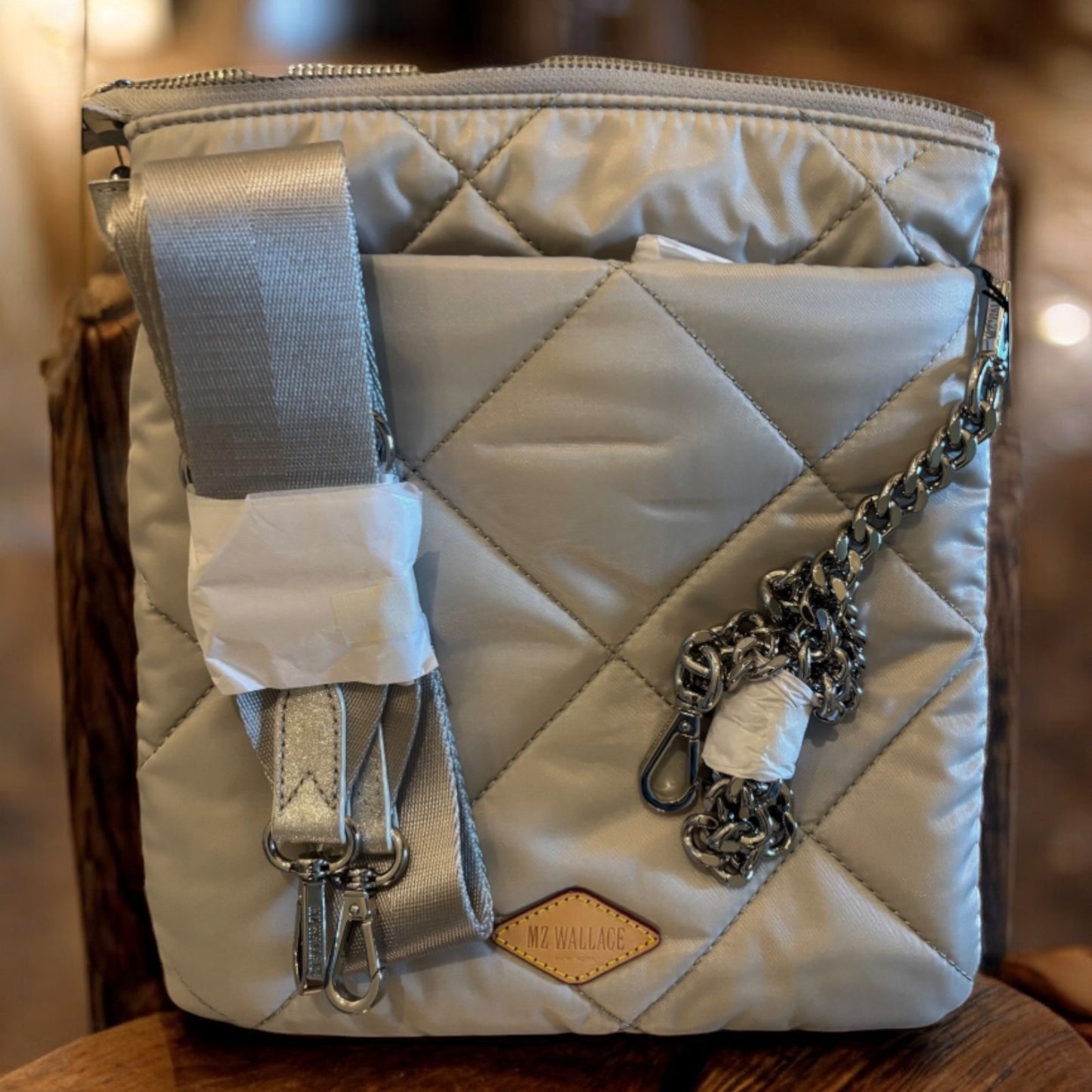 MZ WALLACE Madison Flat Crossbody, Frost - NWT -  Pockets: 6 Inside & 2 Outside