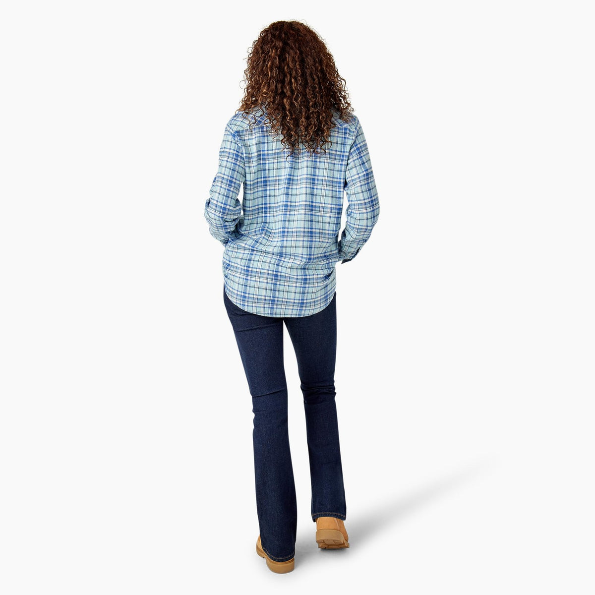 Women's Plaid Flannel Long Sleeve Shirt, Clear Blue Asymetrical Orchard Plaid, M