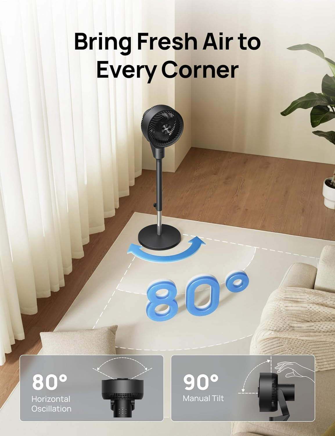 Dreo Fan for Bedroom, 80° Oscillating Standing Fan, 25dB Quiet, 80ft PedestalFan