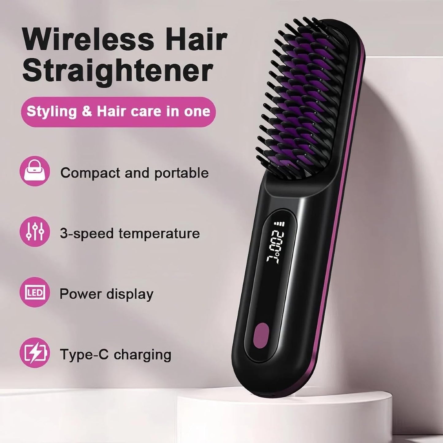 Cordless Hair Straightener Brush for Women, Portable Travel Hair Straightener...