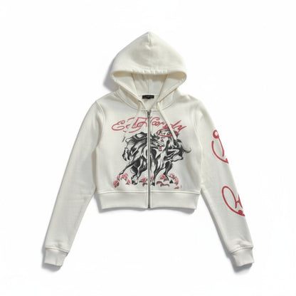 Ed Hardy Cropped Hoodie Zip Up | Baby Blue Tattoo Bird & Rose or Ivory Horses