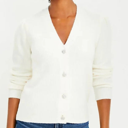 Jeweled Button V-Neck Cardigan, Small