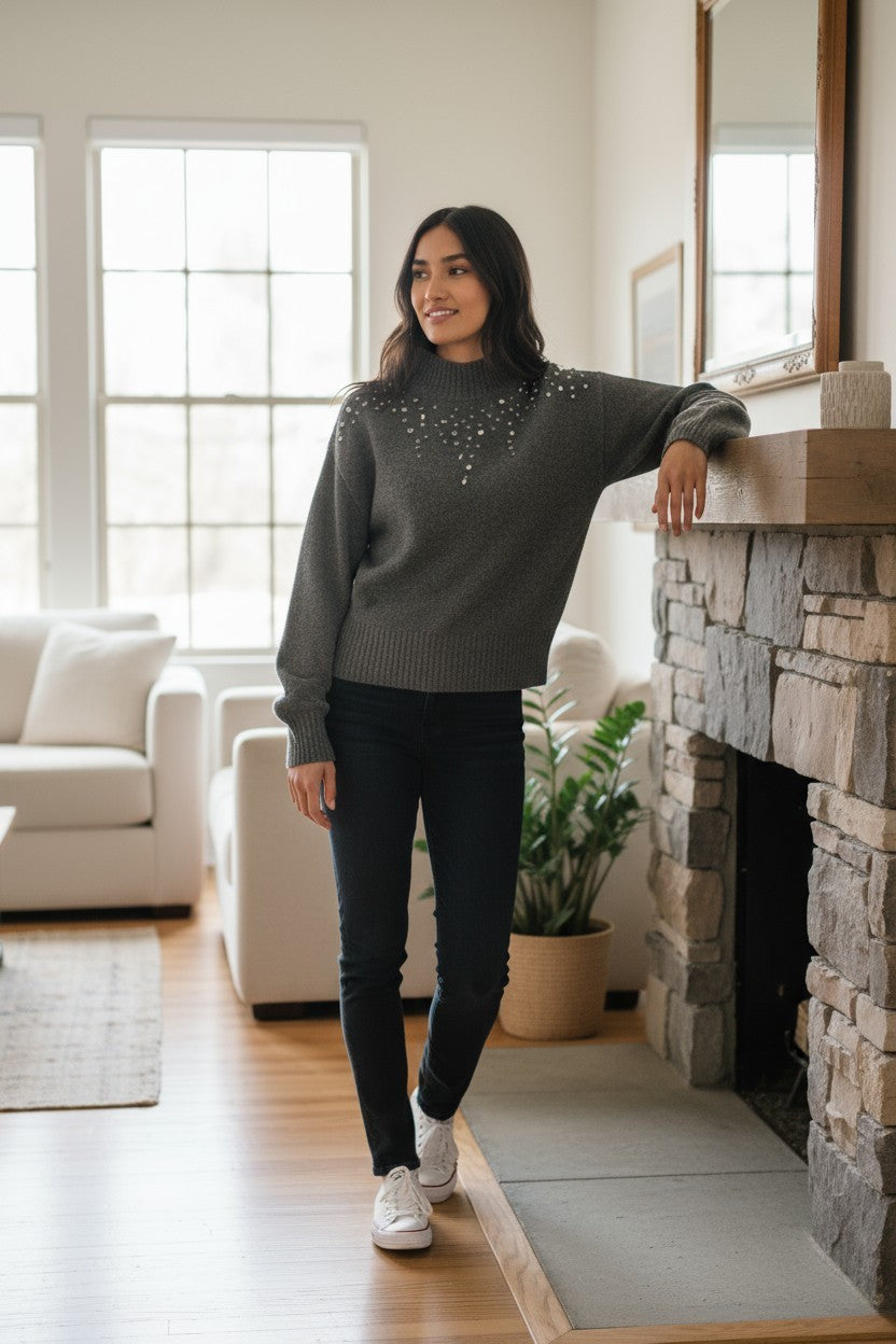 a.n.a Womens Mock Neck Embellished Long Sleeve Pullover Sweater XLT