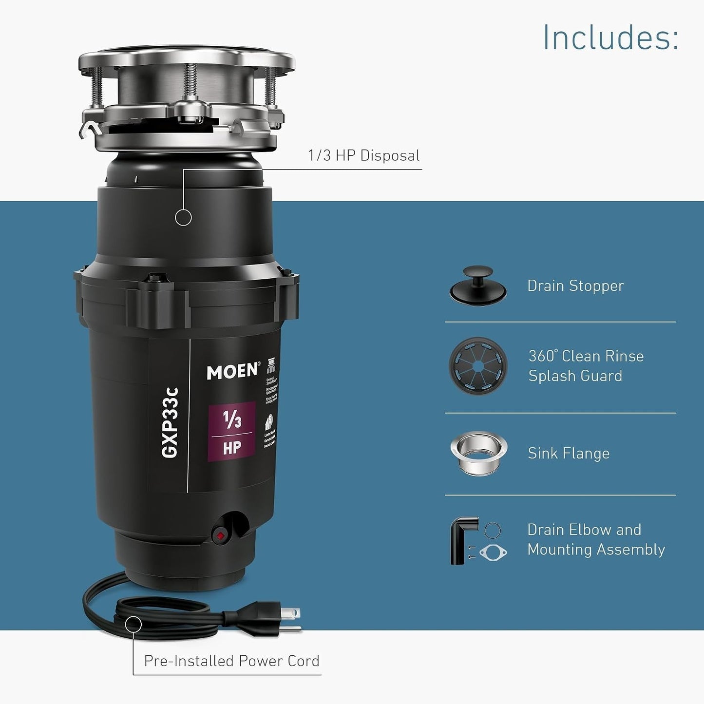 Moen The Lite GXP33c PRO Compact Garbage Disposal for Kitchen Sink 1/3 HP Black