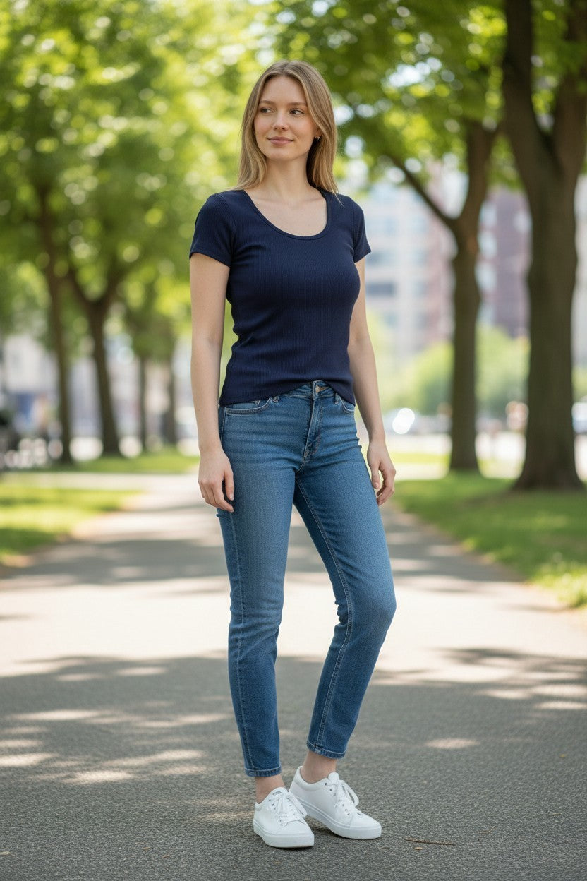 Cyrus Essentials Women Ribbed Short Sleeve Top, V, Scoop, & Crew Neck