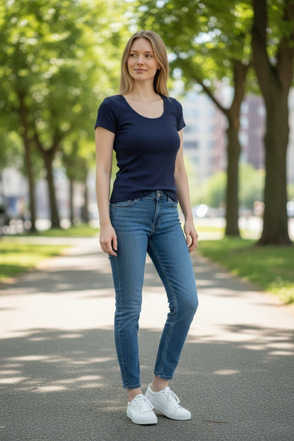 Cyrus Essentials Women Ribbed Short Sleeve Top, V, Scoop, & Crew Neck