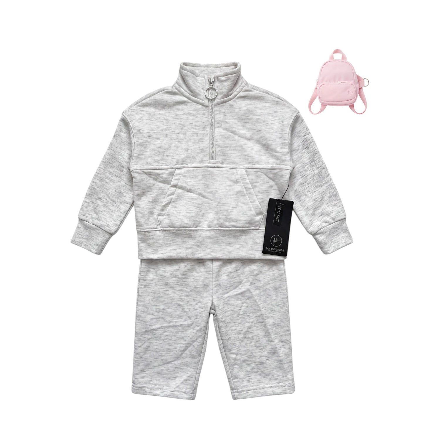 NWT Girls 90 Degree by Reflex 3 Piece Activewear Set, Gray with White Stripe