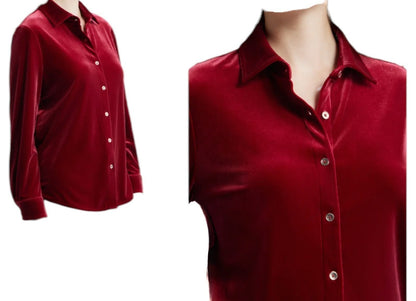 Women's Anne Klein AK Velour Long Sleeve Button Front Dress Shirt | Red, Blue