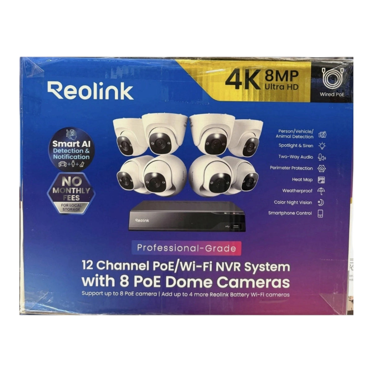 Reolink 4K 12 Channel 4TB Wifi NVR with 8 PoE Wired Security Dome Camera System
