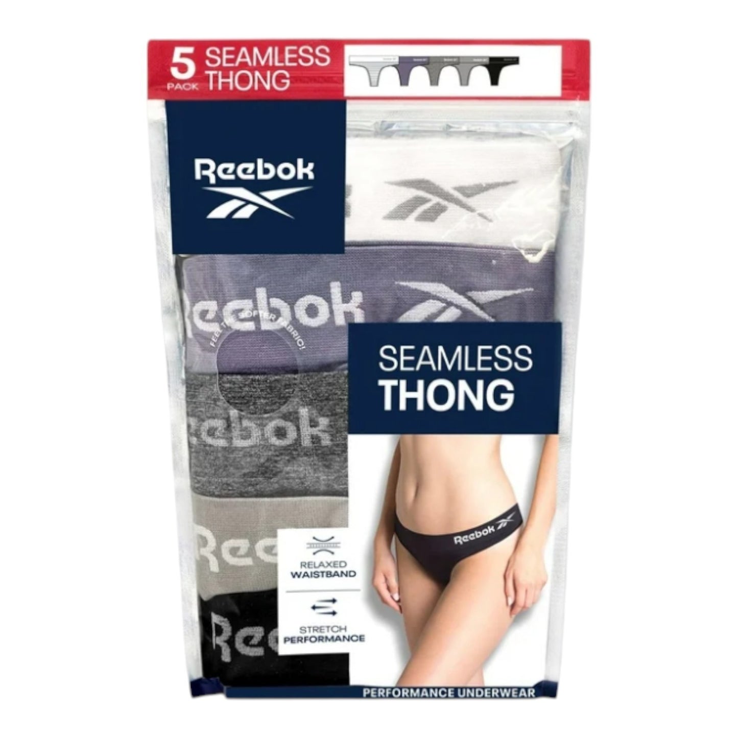 Reebok Women's Seamless Thong, 5-Pack Size Large Pink Gray Mauve Purple