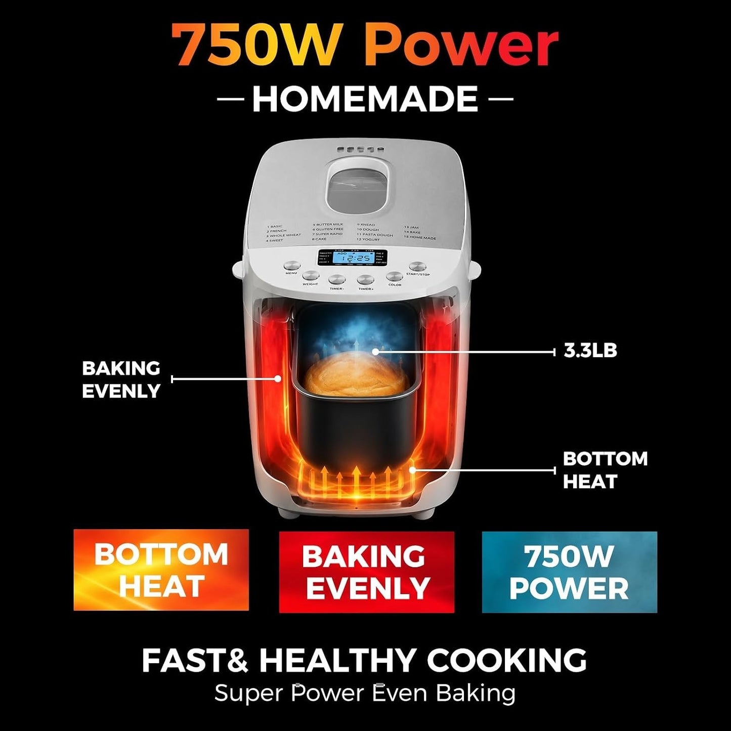 Davivy 3.3LBS 15-in-1 Bread Maker Automatic Compact Dough Machine Nonstick White