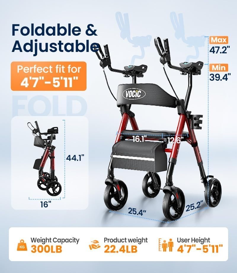 VOCIC Z22 Upright Walkers for Seniors with Seat - Red - GelSoft Stand Up Walker
