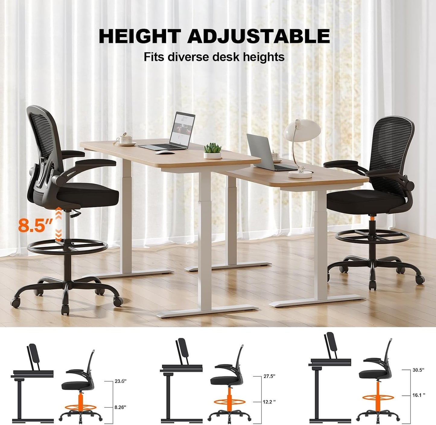 Synorla Ergonomic Drafting Chair, Tall Office Chair with Flip-Up Armrests, Breat