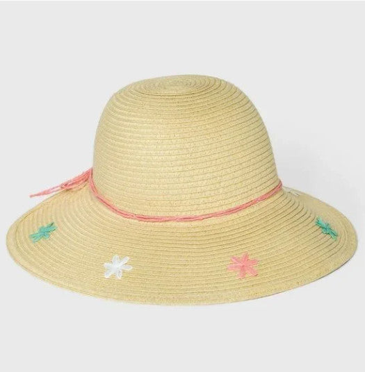 Cat & Jack Girls Embroidered Floral Floppy Straw Hat (12-24M) STRAW NWT