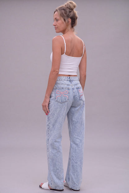Telepatia Wide-Leg Jeans Light Wash with Pink Bow on Both Back Pockets NWT
