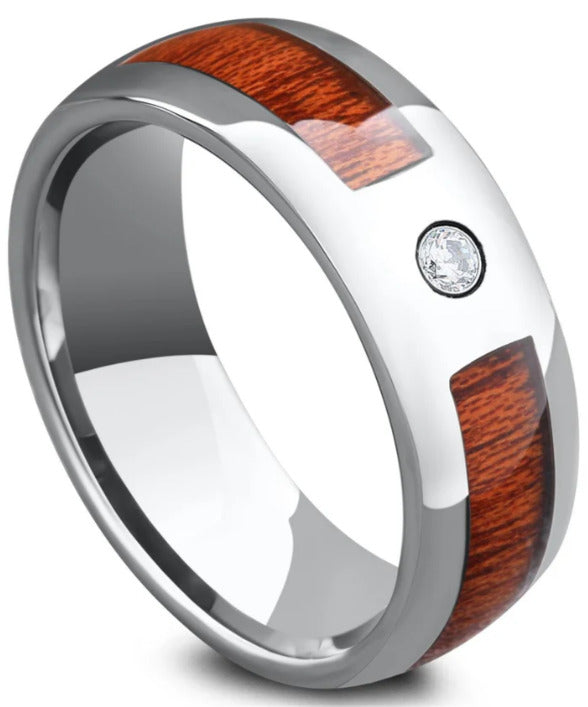 8mm Tungsten Koa Wood Inlay with CZ Band - Dome Shape, Comfort Fit