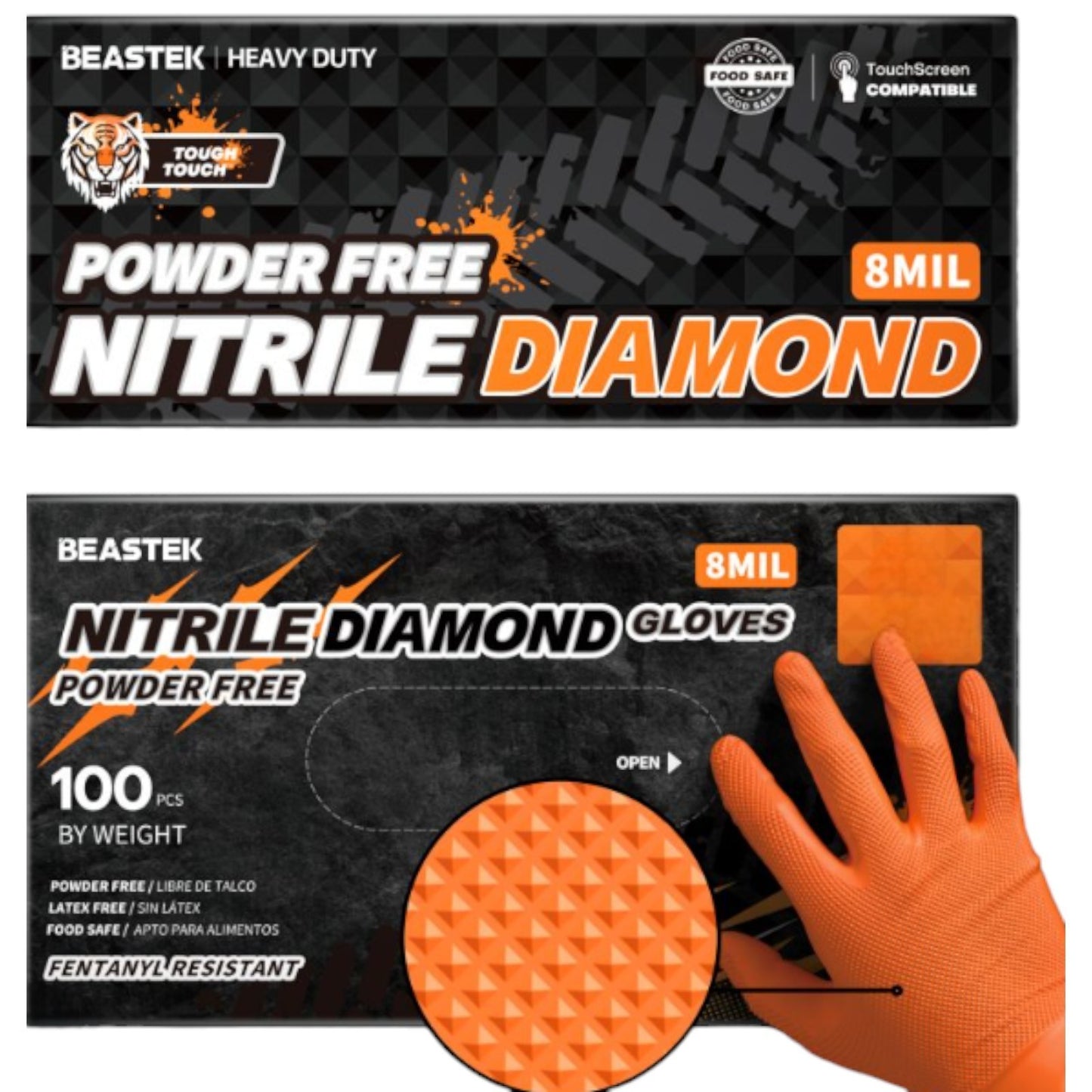 Heavy Duty Orange Industrial Nitrile Gloves with Raised Diamond Texture, 8-mil