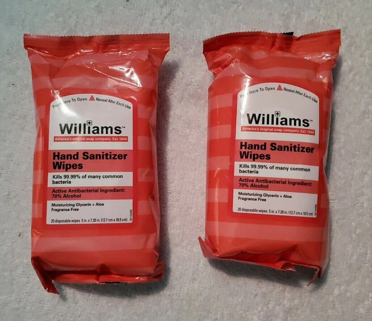 NEW Williams Hand Cleaning Wipes w/ Moisturizer + Aloe - Two 20 Packs Sets Each