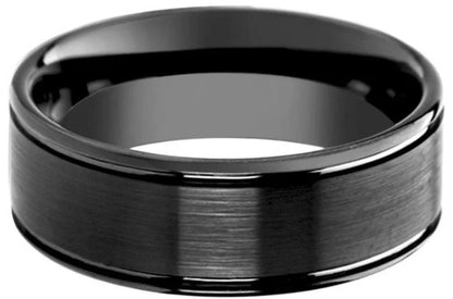 8MM BLACK TUNGSTEN FLAT BRUSHED CTR FINISH & DUAL OFFSET GROOVES POLISHED EDGE