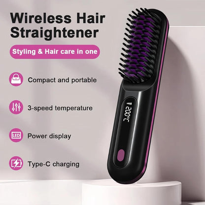 Cordless Hair Straightener Brush for Women, Portable Travel Hair Straightener...